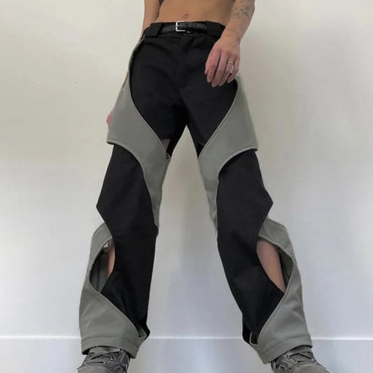 Harajuku Patchwork Hip Hop Cut Out Trousers Contrast Color Design Track Pants Retro Clothing