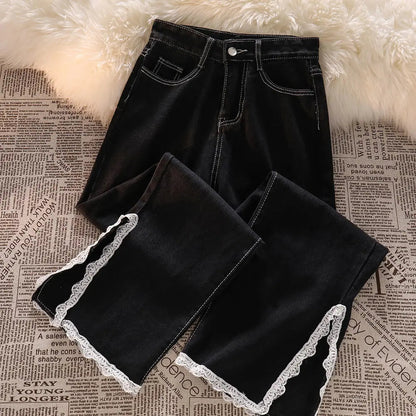 Korean Lace Slit Jeans Pants High Waist Oversize Wide Leg Trousers New Ins All Match Denim
