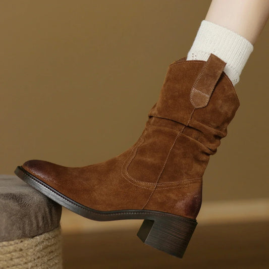 Autumn New Natural Suede Leather Gradient Color Side Zip Autumn Midcalf Boots 5cm Thick Med Heel Pleated Half Boot