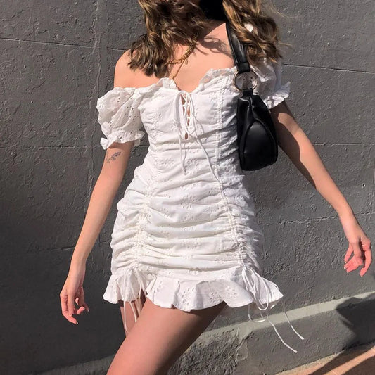 Summer Cottagecore Dress Square Collar White Lace Bodycon Short Puff Sleeve Hollow Embroidery Mini Dresses