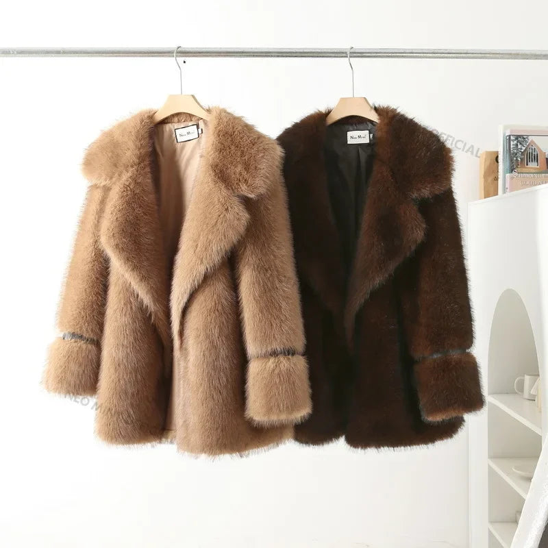 Brand Long Furry Faux Fur Coat Winter Brown Gradient Thick Warm Outerwear Fluffy Fur Jacket
