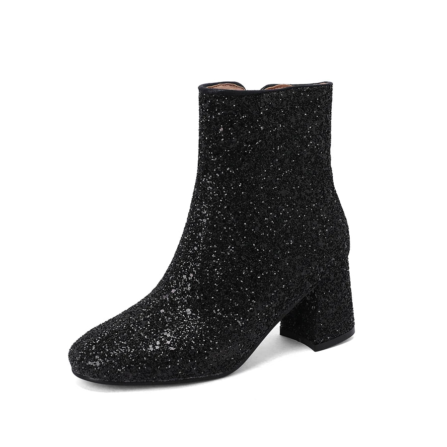 Big Size 48 49 50 Gold Silver Blue Sequined Cloth Glitter Winter Shoes Chunky High Heels Bling Party Ankle Chelsea Boots