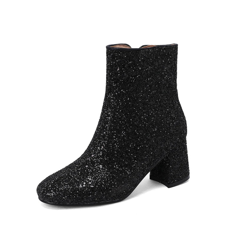 Big Size 48 49 50 Gold Silver Blue Sequined Cloth Glitter Winter Shoes Chunky High Heels Bling Party Ankle Chelsea Boots