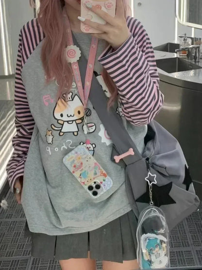 Harajuku Stripe T Shirt E-girl Kawaii Chinese Panda Graphic T-shirts Cutecore Cartoon Raglan Sleeve Clothes Autumn