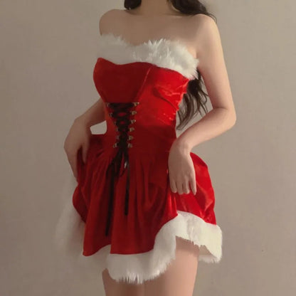 Kawaii Dress Suits for Sweet Strapless Bandage Party Prom Mini Dresses Red Shawl Christmas Hat 3 Piece Set Holiday Outfits