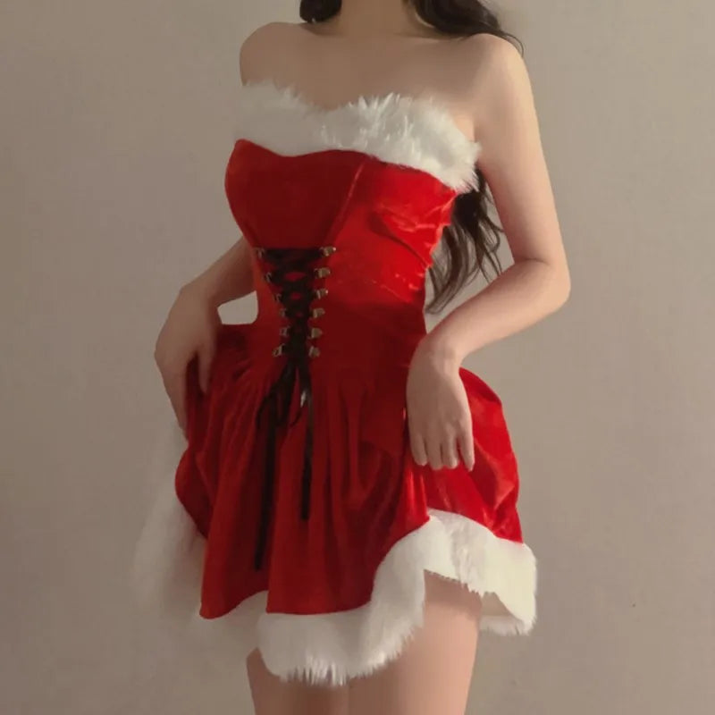 Kawaii Dress Suits for Sweet Strapless Bandage Party Prom Mini Dresses Red Shawl Christmas Hat 3 Piece Set Holiday Outfits