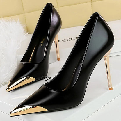 Shoes Retro High Heels Metal Pointed Tip Pumps Stiletto 9.5 Cm and 4.5cm Heels Party Shoes Office Shoes