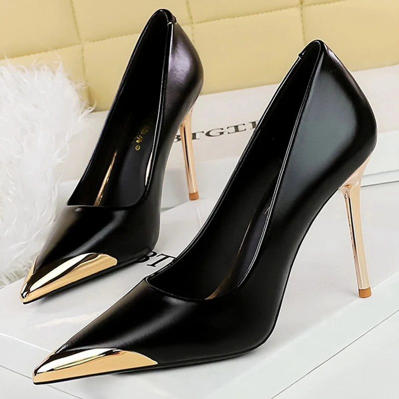 Shoes Retro High Heels Metal Pointed Tip Pumps Stiletto 9.5 Cm and 4.5cm Heels Party Shoes Office Shoes