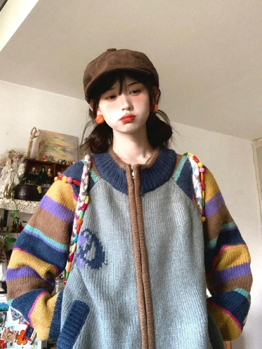 Contrast Color Rainbow Striped Sweater Female Pull Femme Knitted Cardigan Crew Neck Zipper Loose Thicken Coat