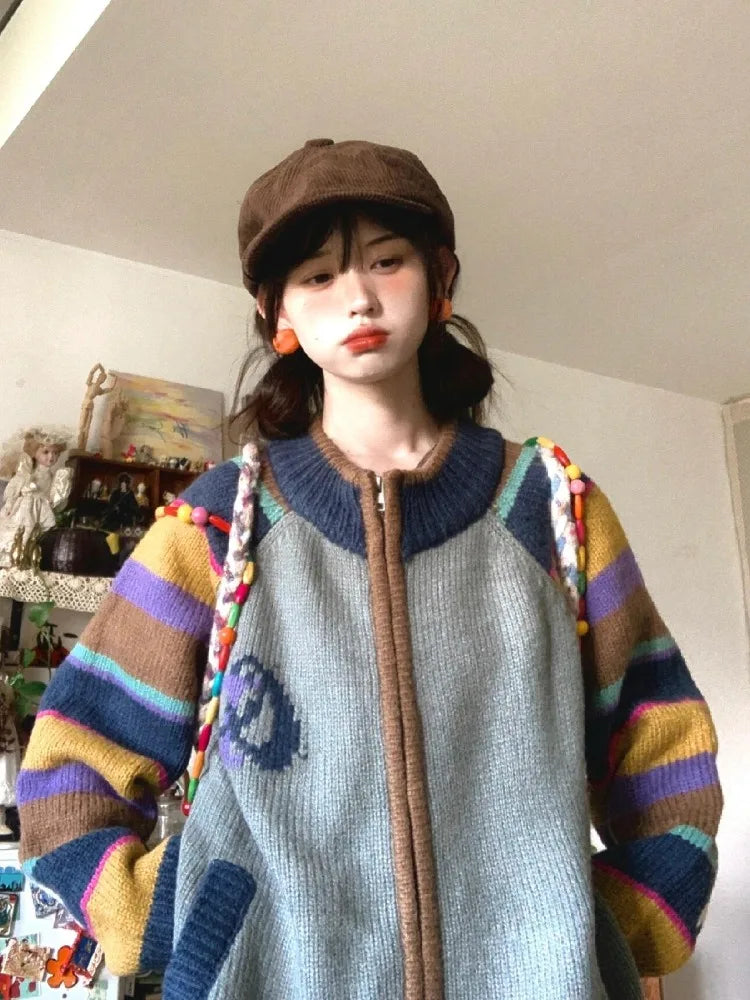 Contrast Color Rainbow Striped Sweater Female Pull Femme Knitted Cardigan Crew Neck Zipper Loose Thicken Coat