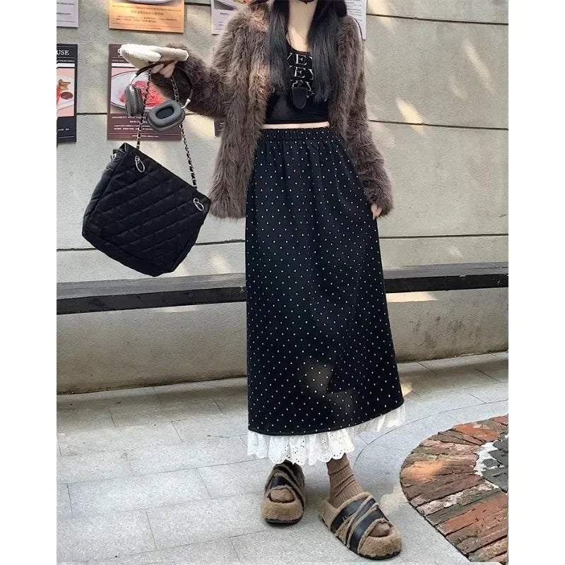 Contrast Color Lace Splicing Aline Skirt Spring New Korean High Waist Polka Dot Midlength Skirt