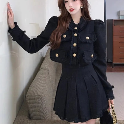 Tweed Suit 2-piece Skirt Set Autumn Winter New French Style Cropped Jacket Coat Mini Skirt Korean Female Outfits