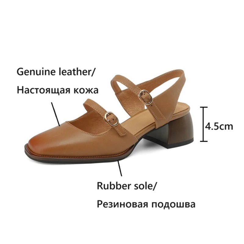 Summer Sandals Genuine Leather Shoes for Square Toe Chunky Heel Shoes Cover Toe Slingback Designer Sandals