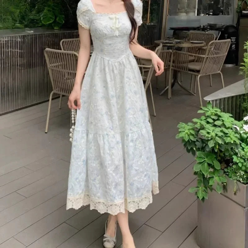 French Style Dresses Puff Sleeve Summer Vestidos Mujer Square Neck Long Dress