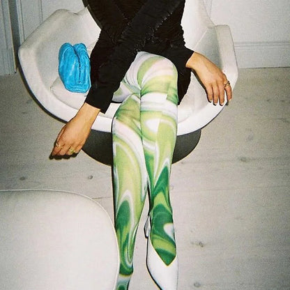 Patterned Pantyhose Y2k Aesthetic Tie Dye Sheer Tights Funky Print Hollow Out Mesh Stockings Leggings Grunge