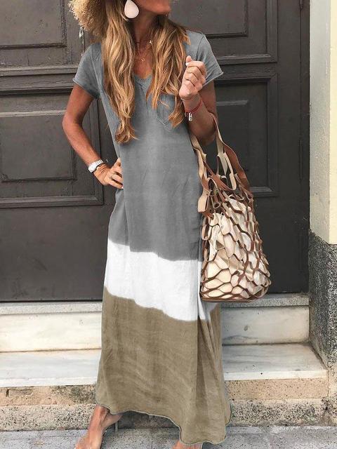 Loose Contrasting Colors Long Dresses Summer V-neck Short Sleeves Maxi Dress Female Commuting Vestidos New