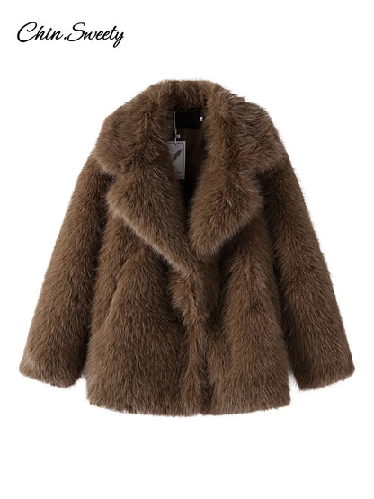 ’s Brown Faux Fur Coat Lapel Mid-length Loose Imitation Plush Furry Buckle Overcoat Winter Lady Thick Warm Outwear