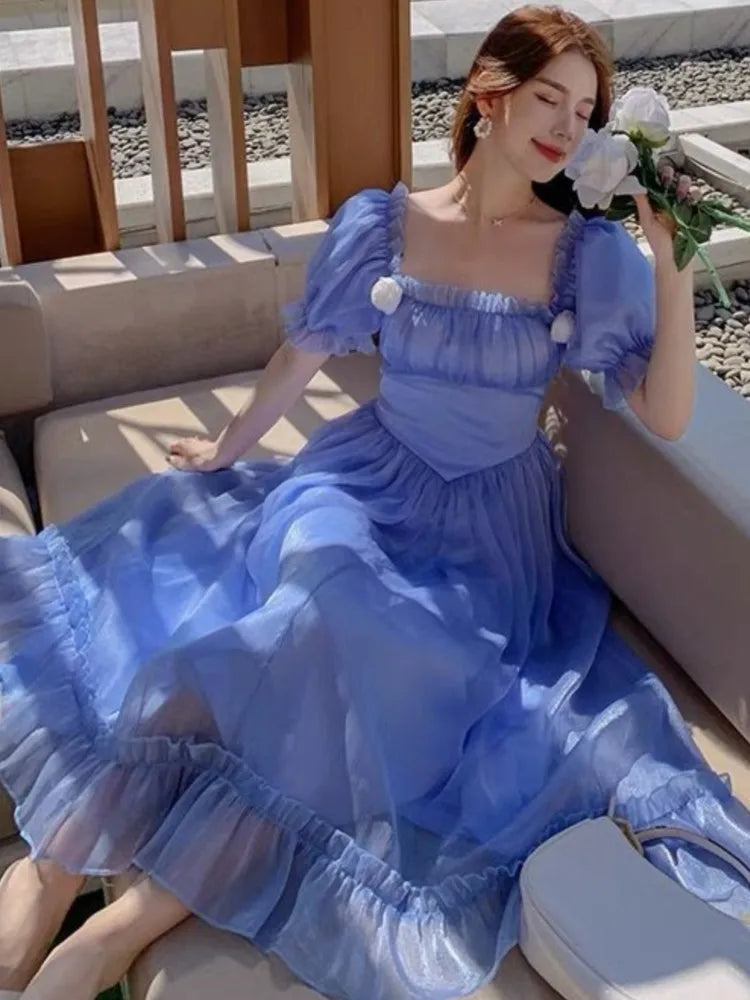 French Blue Fairy Evening Dresses for Square Collar Birthday Party Midi Dress Summer Aline Vestidos Robe