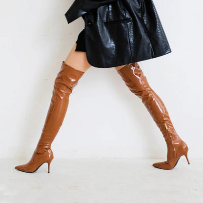 Autumn Pointed Toe Side Zipper Elastic Stiletto Over the Knee Boots Punk Patent Leather Sewing Shoes