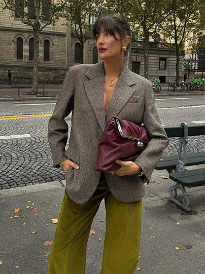 Herringbone Wool Tweed Suit Blazer New Single Breasted Lapel Jacket Autumn Winter Formal Coat Lady Outwears