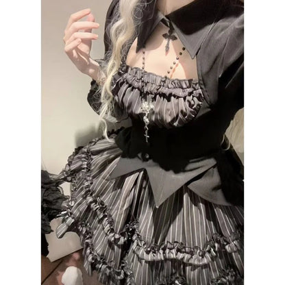 Gothic Black Lolita Sets Y2k Crop Top Blouse + Plaid Mini Skirts Japanese Kawaii 2 Piece Sets Clothing
