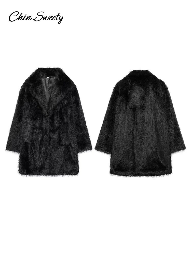 Brown Faux Fur Jacket Oversized Lapel Long Sleeve Fluffy Thicken Coats Female Winter Warm