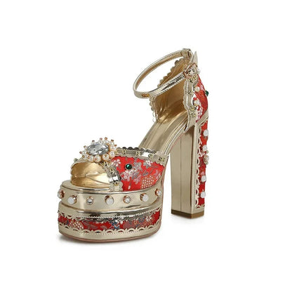 European and American Thick High Heels, Thick Soles, Pure Handmade Diamond Inlaid Sandals, Nightclub Runway Shoes