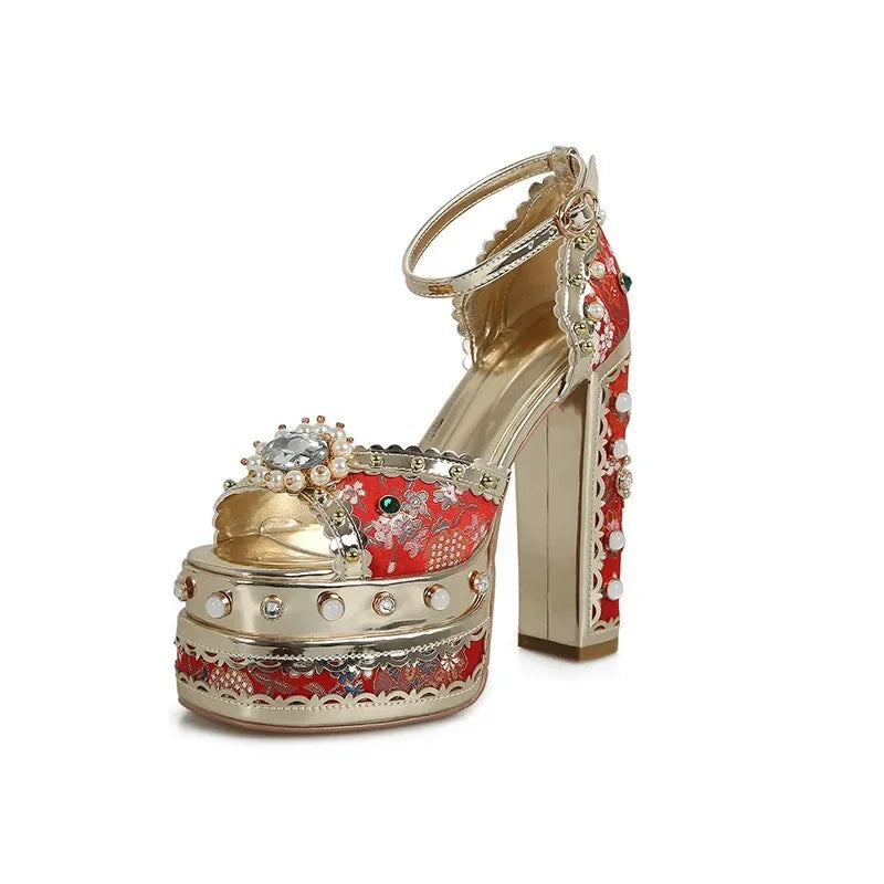 European and American Thick High Heels, Thick Soles, Pure Handmade Diamond Inlaid Sandals, Nightclub Runway Shoes