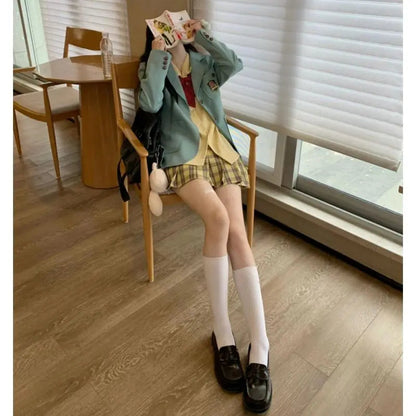 Autumn New Korean College Style Jk Uniform Suit Coat Bow Long Sleeve Shirt Plaid Pleated Skirt Set 3piece Set for