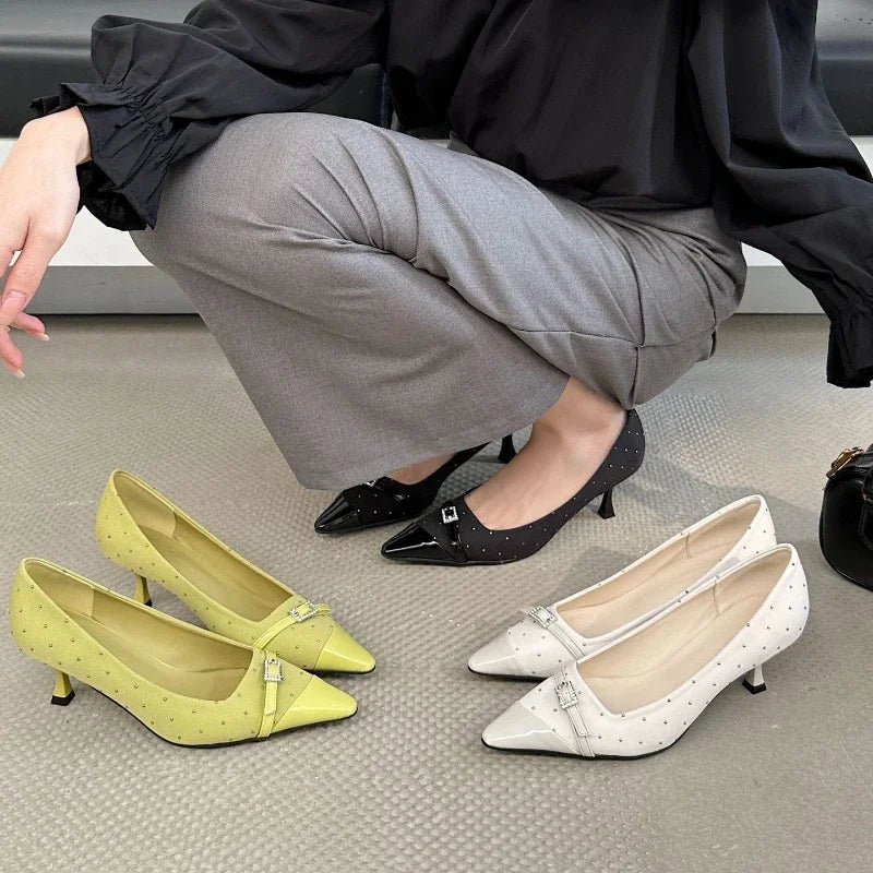 Pointed Toe Low Heel Shoes Belt Buckle Office Thin High Heels Female Shallow Pumps Zapatos De Mujer