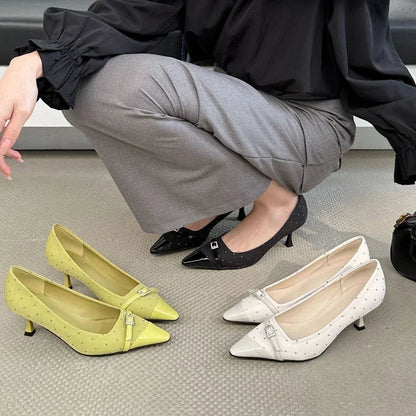 Pointed Toe Low Heel Shoes Belt Buckle Office Thin High Heels Female Shallow Pumps Zapatos De Mujer