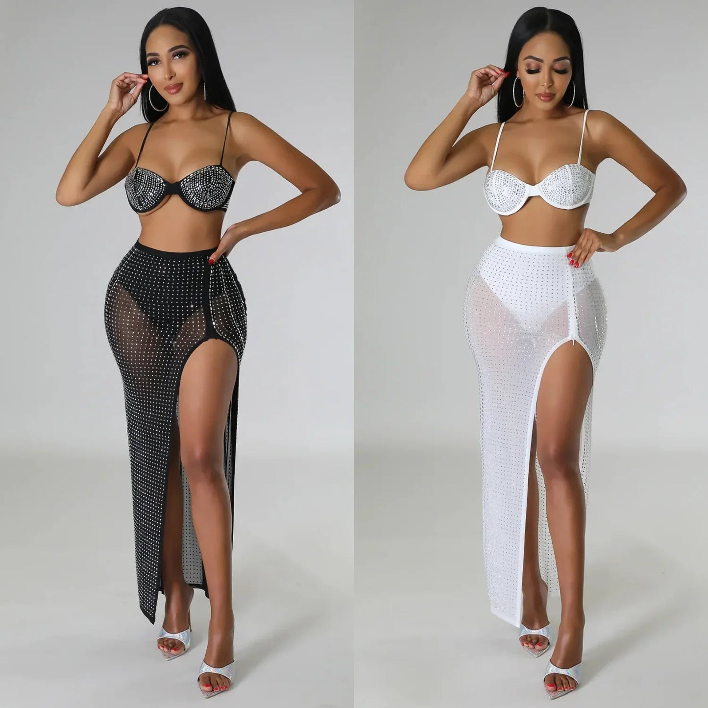 Summer Prom Corset Maxi Dresses Sets Diamond Bikini Top High Waist Sheer Mesh Skirt Club Party Vestido Two Piece Sets