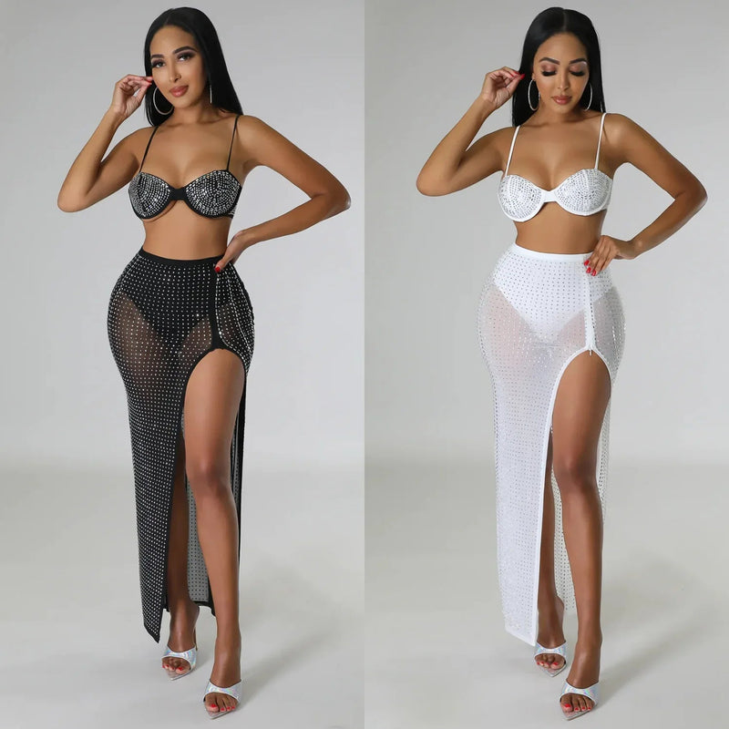 Summer Prom Corset Maxi Dresses Sets Diamond Bikini Top High Waist Sheer Mesh Skirt Club Party Vestido Two Piece Sets