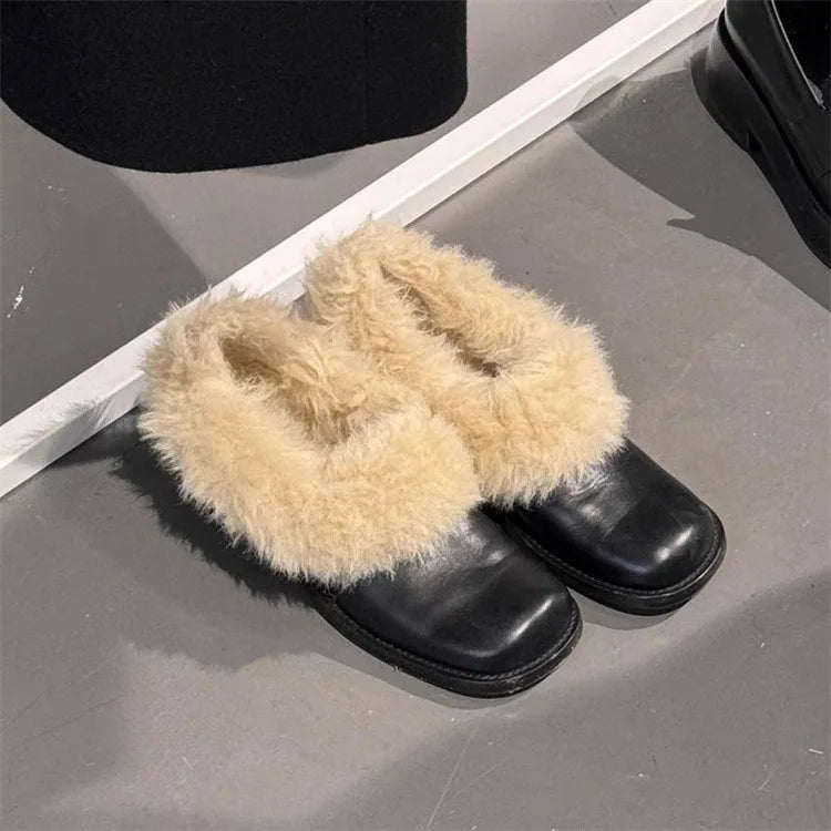 Autumn Winter New Square Toe Thick Heel Hairy Loafers Leather Korean Version Versatile Small Leather Shoes Cotton Shoes
