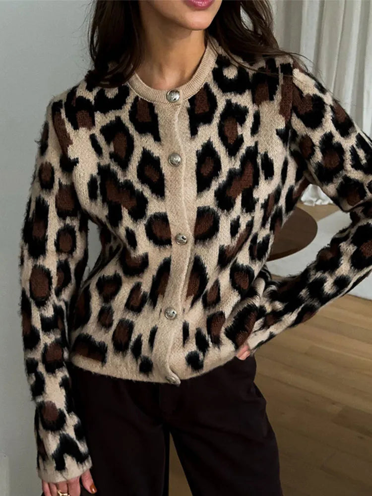 Knitted Leopard Cardigan Slim Single Breasted O-neck Sweaters Female Versatile Basic Street Knitwear