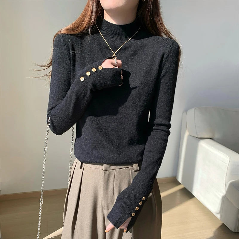 Half Turtleneck Sweater Korean Black Knitted Pullover Long Sleeve Knitwear Fall Winter Buttons Slim Jumpers