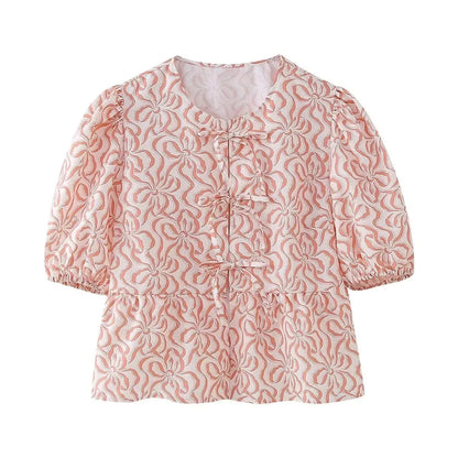 Summer Woman Bow Tied Lace Up Shirts Puff Short Sleeves Blouse Oneck Ruffle Color Tops