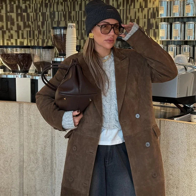 Long Long Sleeve Turn-down Collar Double Breasted Female Coat Autumn Lady Jacket New