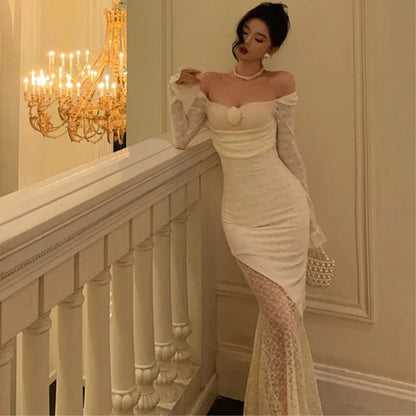 Lace Maxi Dresses for Off Shoulder Bodycon Mermaid Autumn Birthday Evening Party Prom Robe Vestidos Mujer New