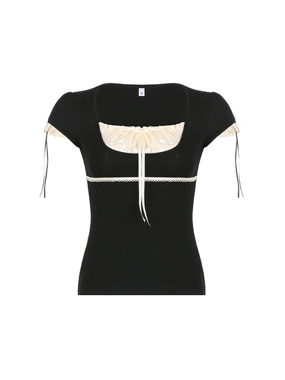 Sweet Y2k Contrast Lace Patchwork Square Collar Black T-shirt Short Sleeve Basic Balletcore Summer Tops