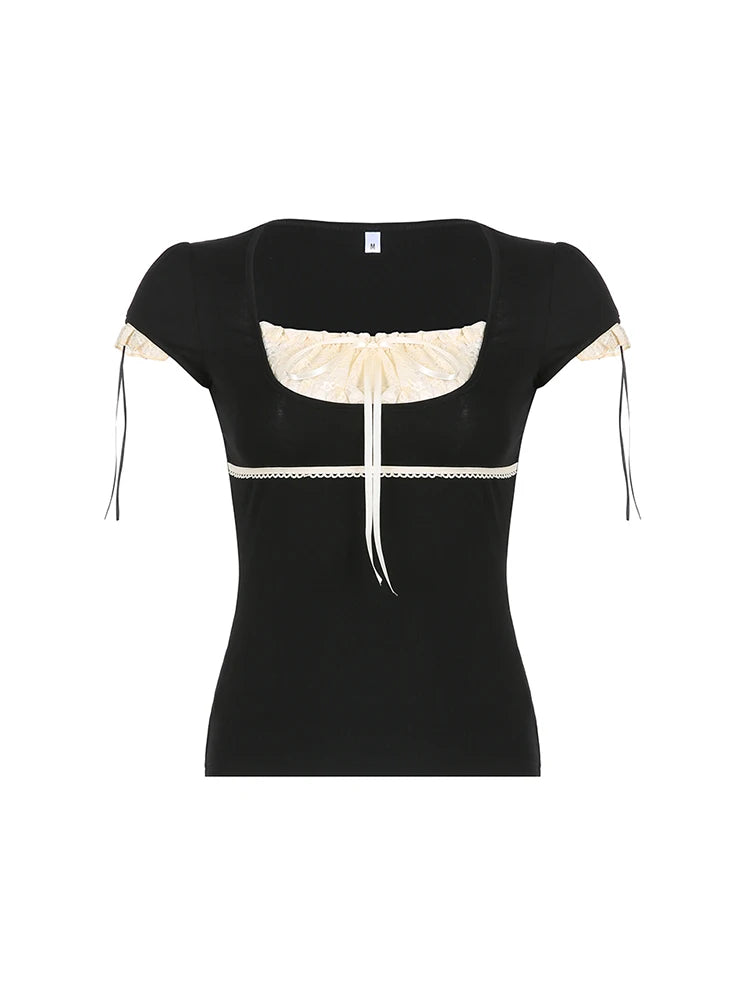 Sweet Y2k Contrast Lace Patchwork Square Collar Black T-shirt Short Sleeve Basic Balletcore Summer Tops