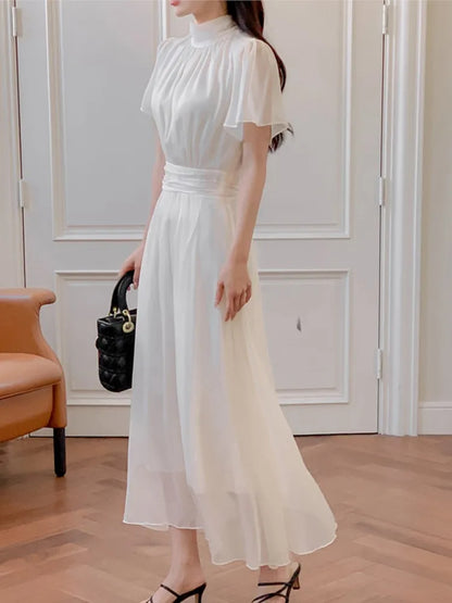 Midi Dresses for Ruffles Half-high Collar A-line Office Lady Korean Autumn Vestidos Mujer New