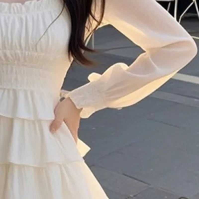 Sweet Ruffles Dresses White Korean Square Neck Mini Dress Aline Simple Vestidos Mujer