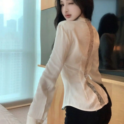 Backless Lace Youthful Black Long Sleeve Shirt V Neck Patchwork Basic Blouse Lady Office White Top