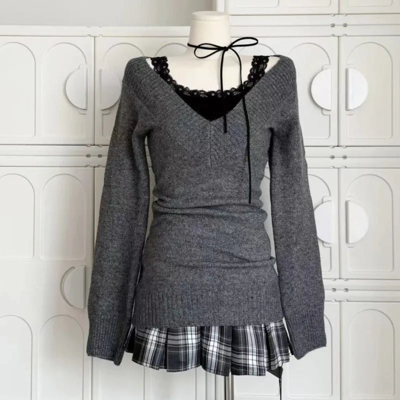 Autumn Winter Woman Gyaru V-neck French Sweater Long Sleeve Pullover Knitwear Mini Skirt 2000s Aesthetic 3-piece Outfits