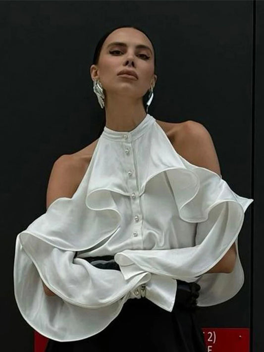 White Ruffle Halter Shirts Loose Hollow Out Single Breasted Blouses Female Autumn High Street Tops