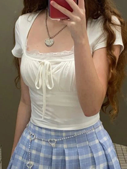 Bust Ruched Tie Patchwork Lace Short Sleeve White T-shirt Balletcore Y2k Clothes
