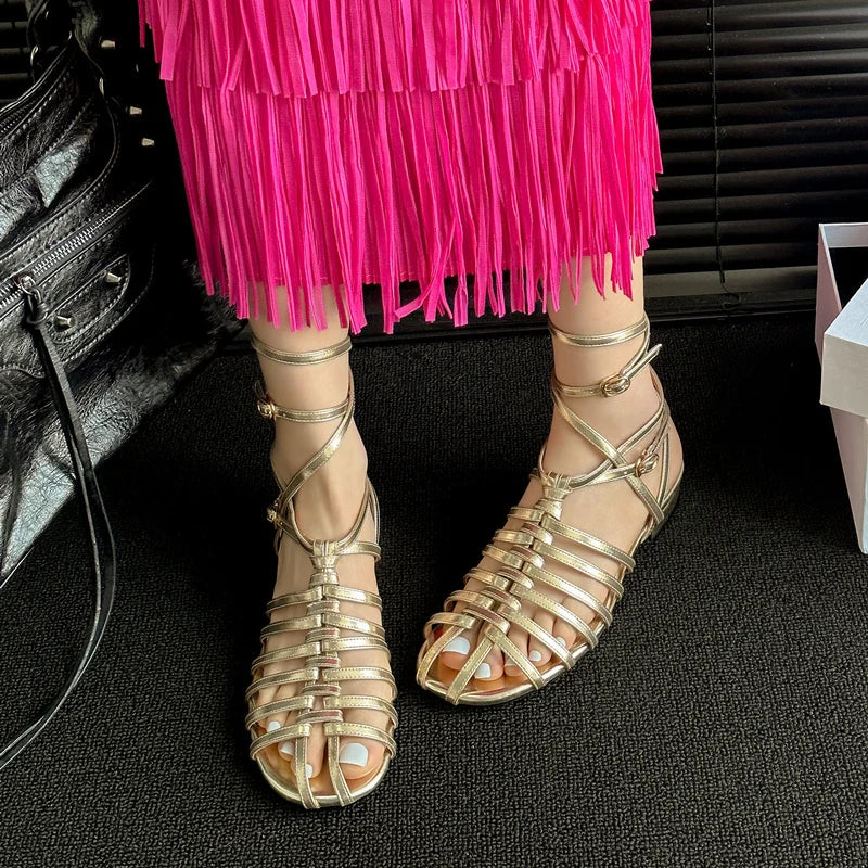 Design Rome Style Sandals Summer Low Heels Narrow Band Party Shoes Woman Genuine Leather Quality