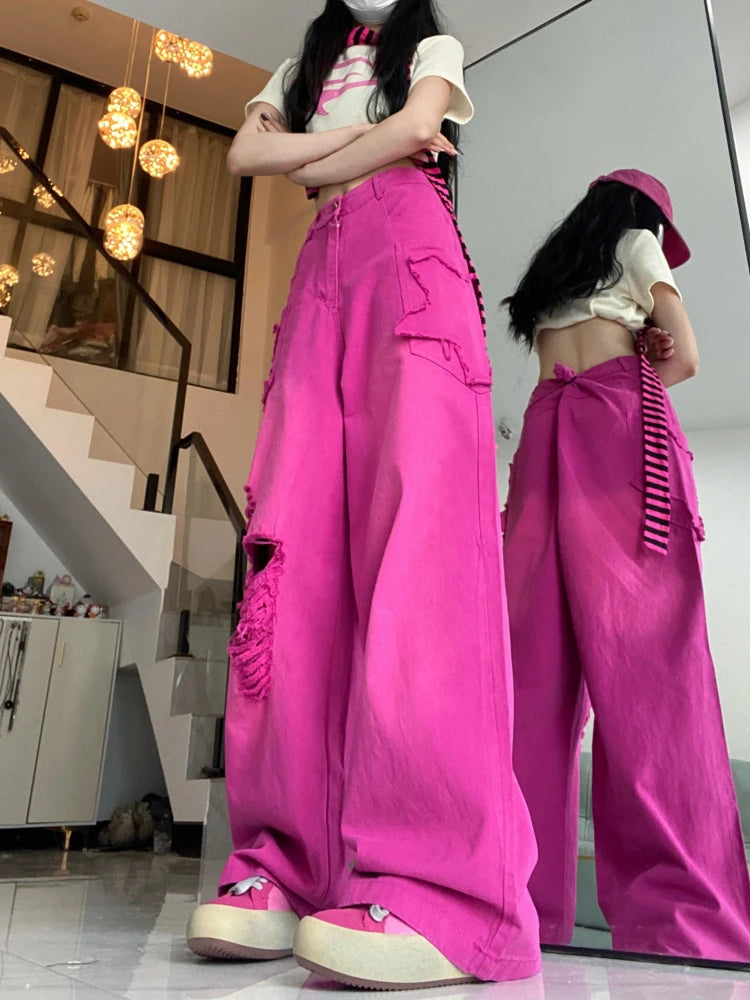 Ripped Jeans for High Waist Y2k Loose Star Korean Hip Hop Hole Wide Leg Denim Pants Harajuku Summer Slacks