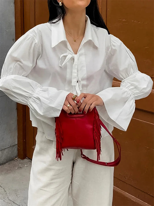 Chiffon Lace-up Hollow Out Shirts ’s Lapel Patchwork Bandage Long Sleeve Blouse Top Female White Outwear